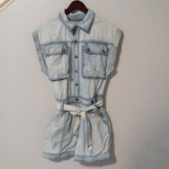 Happy X Nature Size 10 Denim Romper-Belted-Pockets-Light Wash-Pockets-Sleeveless - Picture 2 of 10